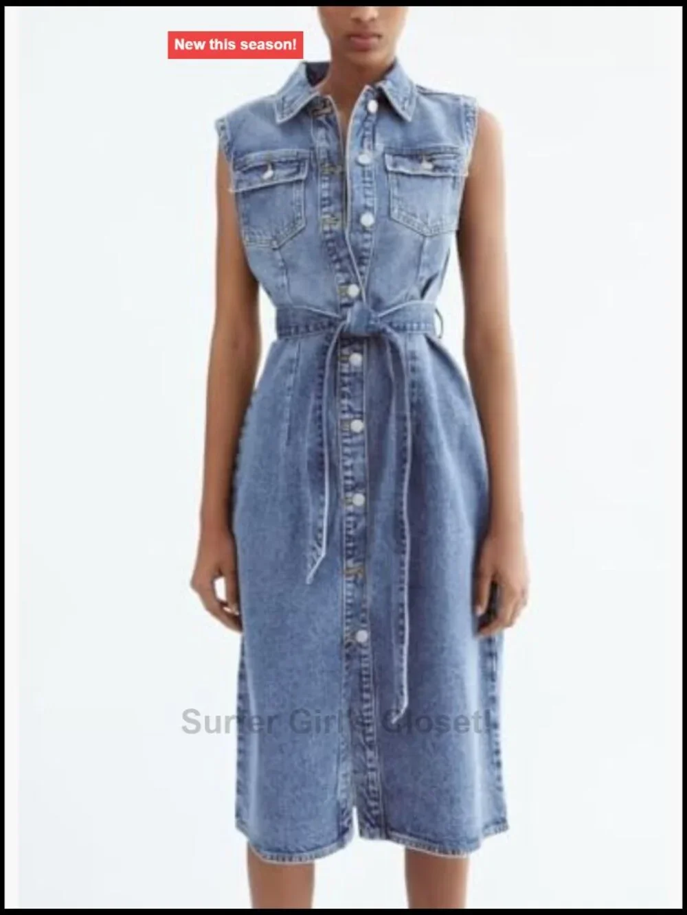 Sleeveless Belted Denim Midi Shirt Dress with Pockets A-Line 2025